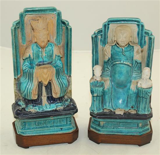 Two Chinese Fahua-decorated figures, Ming dynasty, 19.5cm, wood stands